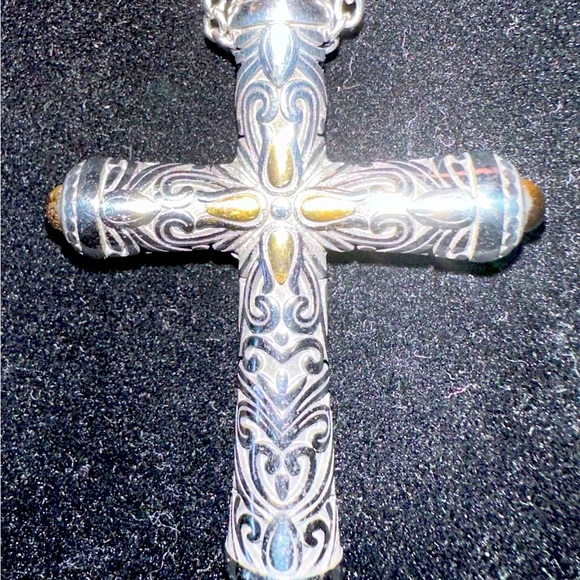 Vintage silver & gold tone cross necklace w/ tigers eyes at each end & filigree - Picture 4 of 4